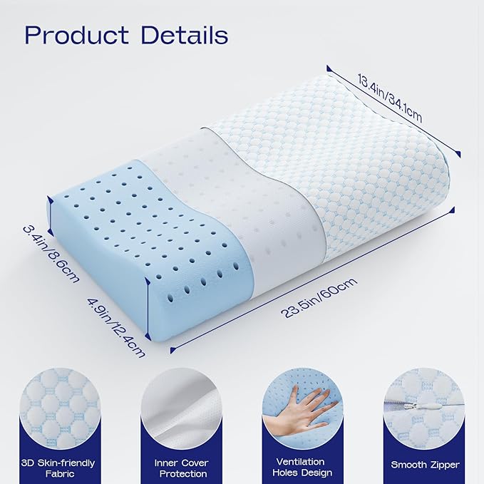 Memory Foam Contoured Pillow - 2 Hieghts Orthopedic Pillows for Neck Pain Relief- Soft Memory Foam Pillow for Sleeping- Ergonomic Pillows for Side, Back, Stomach Sleepers (Blue White)