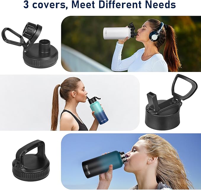 Stainless Steel Water Bottles 32oz Insulated Water Bottle with Straw&3 Lids Double Walled Sports Metal Thermos Water Bottle Cup Leak-Proof Vacuum Insulated Bottles Travel (Gradient Blue Black)