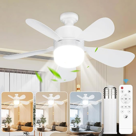 JTT Socket Fan Light with Remote - Screw in Ceiling Fan Light LED Bulb Fan with 3 Speed, 3000/4000/6000K Selectable and Adjustable Brightness Settings Socket Fan for Bedroom Living Room Kitchen Garage