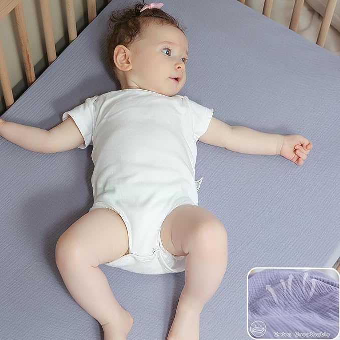 Muslin Neutral Crib Sheets for Boys & Girls 2 Pack Blue Set 28"x 52" Rutiwa Breathable Baby Sheets for Crib Organic Cotton Fitted Sheets for Toddler Bed & Standard Crib Mattress Boho Style