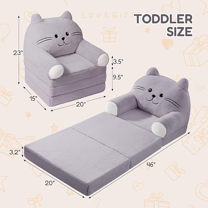 Kids Sofa Chair for Toddler, 2-in-1 Folding Soft Baby Couch with Removable Cover, Comfy Plush Children's Recliner, Convertible Floor Sofa Bed to Lounger for Girls Boys Age 1-3,Cat Grey