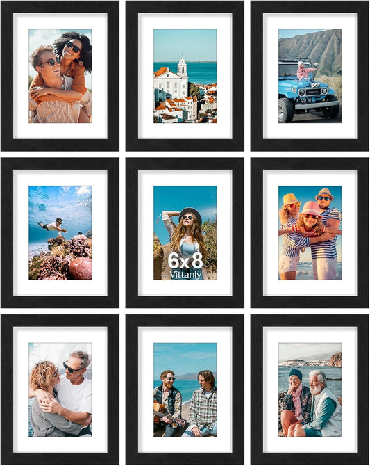 Vittanly 6x8 Picture Frames Set of 9, Shatter Resistant Plexiglass, Display 4x6 Pictures with Mat or 6x8 without Mat, Photo Frames for Wall or Tabletop, Engineered Wood, Black