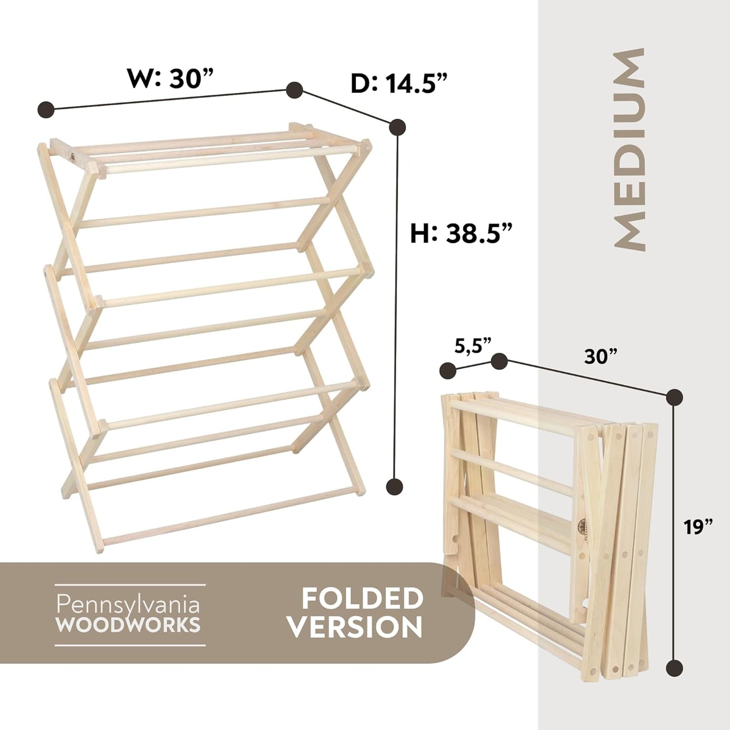 Pennsylvania Woodworks Premium American Maple Clothes Drying Rack - Handcrafted in Pennsylvania - Solid Wood Construction, Collapsible, Eco-Friendly Laundry Solution (Medium)