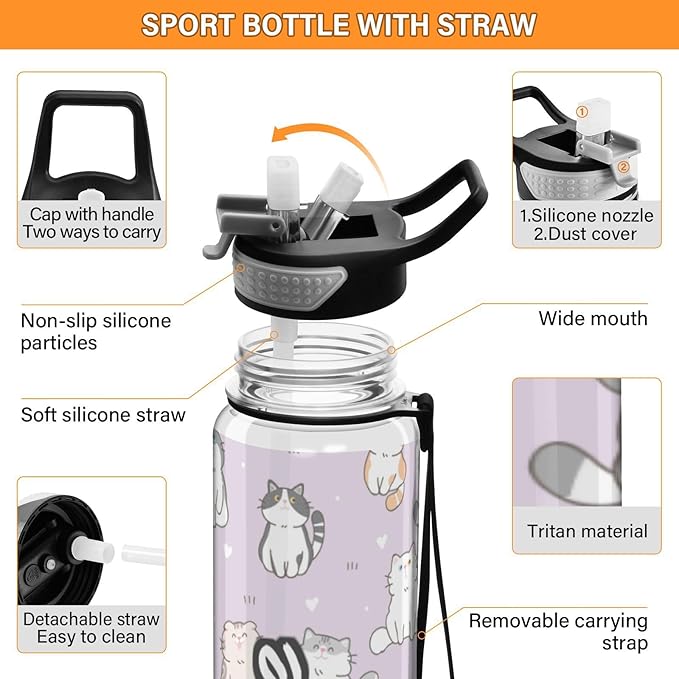 Personalized Custom Water Bottle with Straw Cute Cat Purple Sports Bottles BPA-Free Tritan Heart Water Jug with Carrying Strap for Gym Office Outdoor Sports