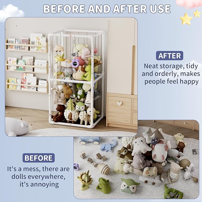 Extra Large Plush Stuffed Animal Storage Zoo Holder Standing, Kids Toy Storage Organizer Shelves Basket with Nets for Stuffed Animals, Play Room Decor Corner Toy Box Storage. (Thicker Tube)