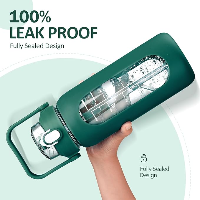 kytffu 56oz Glass Water Bottles with Straw, Motivational Glass Bottle with Silicone Sleeve and Time Marker, Leakproof Large Glass Water Jug for Gym Home Office,Ink green