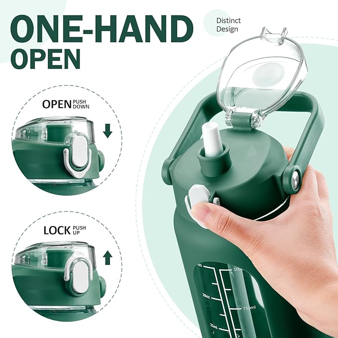 kytffu 42oz Glass Water Bottles with Straw, Motivational Glass Bottle with Silicone Sleeve and Time Marker, Leakproof Large Glass Water Jug for Gym Home Office, Ink green