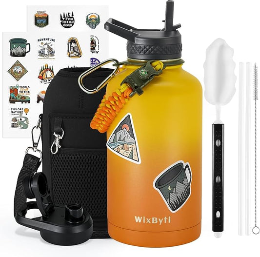 64 oz Insulated Water Bottle with Straw (Cold for 48 Hrs), Half Gallon Stainless Steel Triple Wall Vacuum Sports Water Jug, Leakproof Hydro Cup Flask with Straw Spout Lids & DIY Stickers