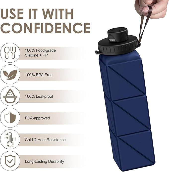 INNERNEED Collapsible Water Bottle, Reuseable BPA Free Silicone Foldable Water Bottles for Travel Gym Camping Hiking, 20.6 fl.oz, Portable, Food-Grade, Leak Proof (1 Pack, Dark Blue)