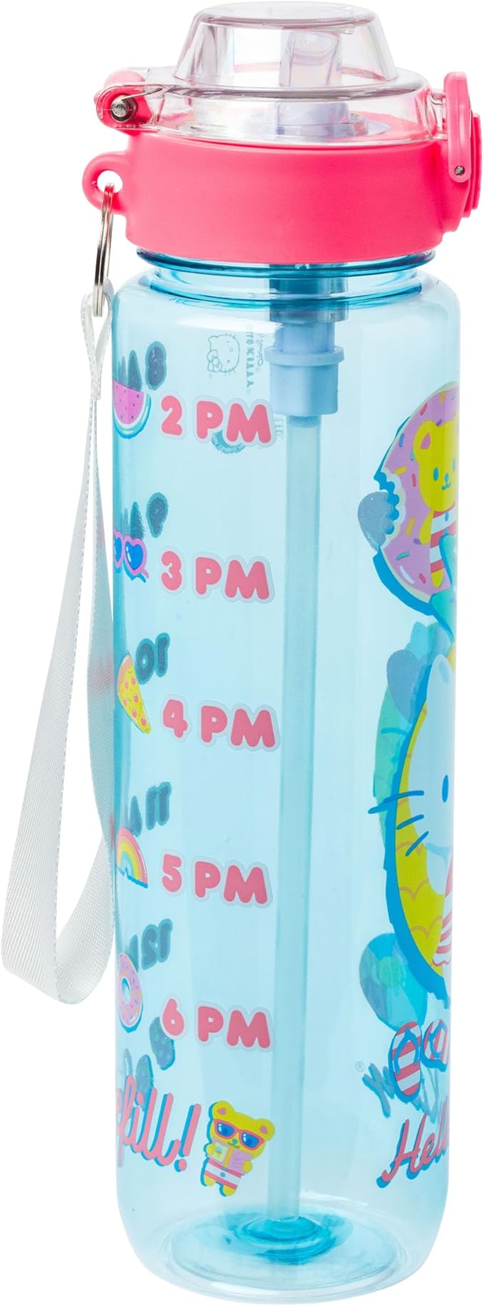 Silver Buffalo Sanrio Hello Kitty Pool Party Plastic Blue Water Bottle with Locking Lid, Strap, and Hydration Tracker, 33 Ounces