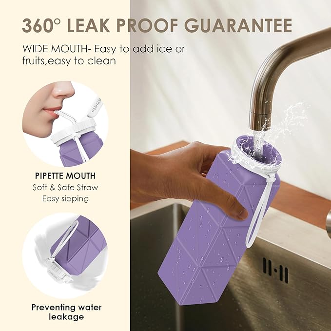 INNERNEED Collapsible Drinking Water Bottle with Straw, Reuseable Leakproof BPA Free Silicone Foldable Sports Gym Bottle, with Carrying Strap (1pack, Purple)