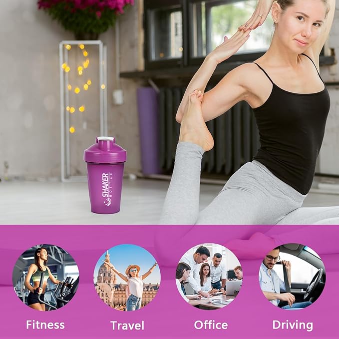 Shaker Bottle, 400ml Small Protein Shaker Cup with Mixing Ball for Smooth blending, Leak-Proof GYM Workout Water Bottles for protein& Smoothie Shake，Bpa Free (13oz / Purple)