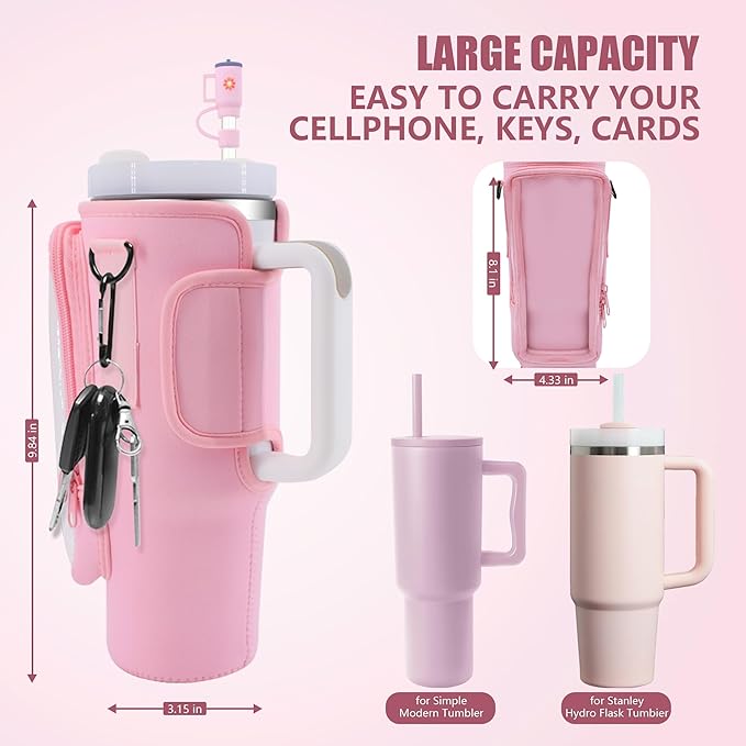 Water Bottle Carrier Bag for Stanley Cup Accessories, for Stanley Tumbler 40 Oz with Handle Holder Bag with Strap Neoprene Bollus with Straw, Straw Cover, Carabiner (Off White)