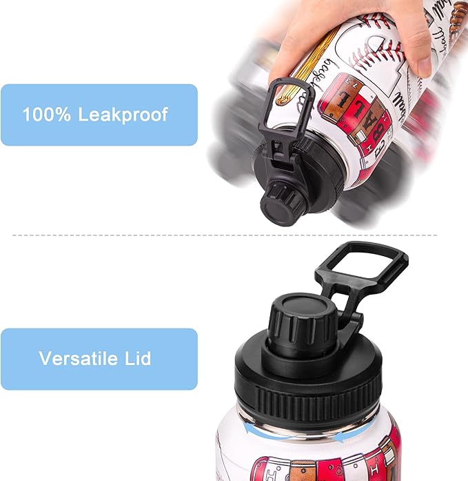 Cutiset 32 oz Baseball Water Bottle with Lids, Stainless Steel Leak Proof Sports Water Flask, Vacuum Metal Water Bottle,Baseball