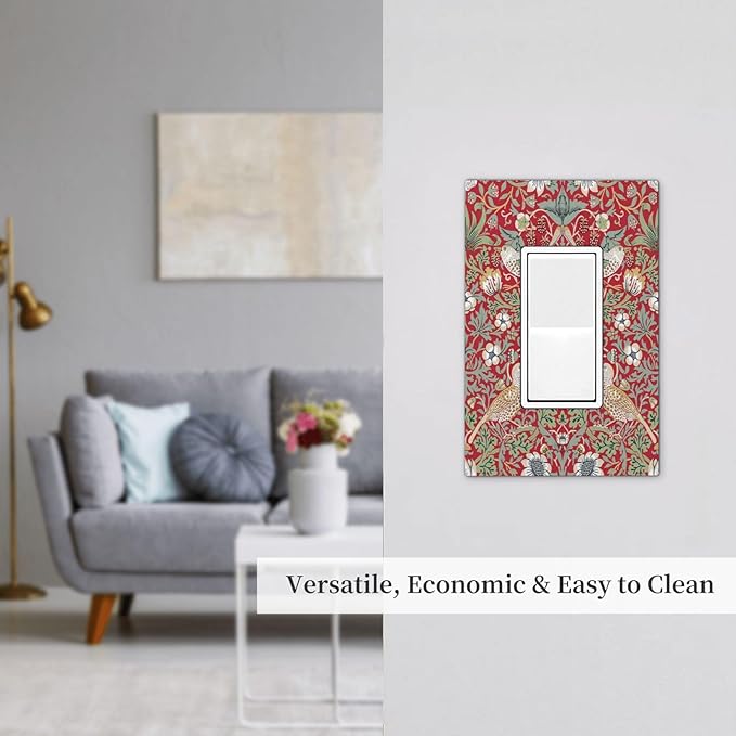 William Morris Strawberry Thief Botanical Red Green 1 Gang Rocker Light Switch Covers Single Decora Outlet Wall Plate Decorative Switchplate Faceplate GFCI for Country Bathroom Bedroom Kitchen Decor
