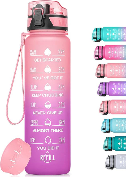 32oz/26oz Motivational Water Bottle with Time Marker & Fruit Strainer, Leak-proof BPA Free Non-Toxic 1l Bottle with Carrying Strap, Perfect for Fitness, Gym and Outdoor Sports, Plastic