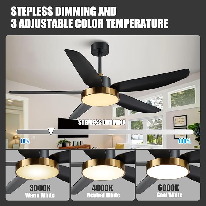 Modern Ceiling Fan with Light and Remote Control,56''Ceiling Fan with 3 Color Lights,Memory Function,5 Blades,6 Speeds,Outdoor Fan and Light for Living Room,Bedroom,Kitchen,Black Gold