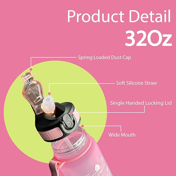 Yaa Fresh Water Bottles, 32oz Motivational Sports Water Bottle with Time Marker-Times to Drink-Tritan, BPA Free, Leakproof water bottle (1 Pack) (Pink-Blue), 1101-1