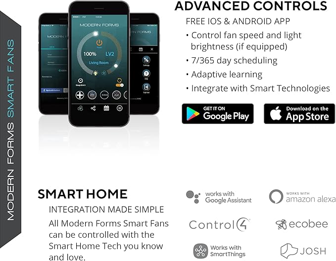 Modern Forms Skylark Indoor and Outdoor 3-Blade 54in Smart Flush Mount Ceiling Fan Matte White with 2700K-3000K-4000K-5000K Selectable LED Light Kit and Remote Control works with iOS or Android App