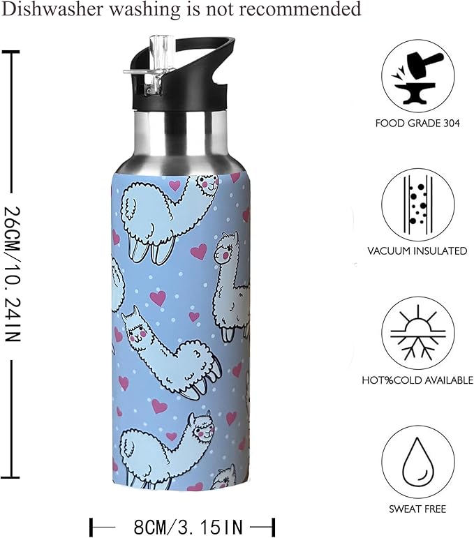 Cute Llama Animal Sport Water Bottle with Straw, Vacuum Insulated Stainless Steel Thermal Drinking Travel Mug Cups For Gym Fitness Camping-20oz/600ml, Gray