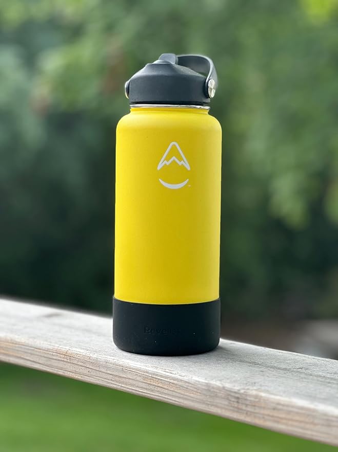Revelist Sports Water Bottle - 32 Oz, 3 Lids (Straw Lid, Spout & Screw Top) with Boot, Vacuum Insulated Stainless Steel, Double Walled, Reusable Water Flask, Metal Canteen - Yellow & Black