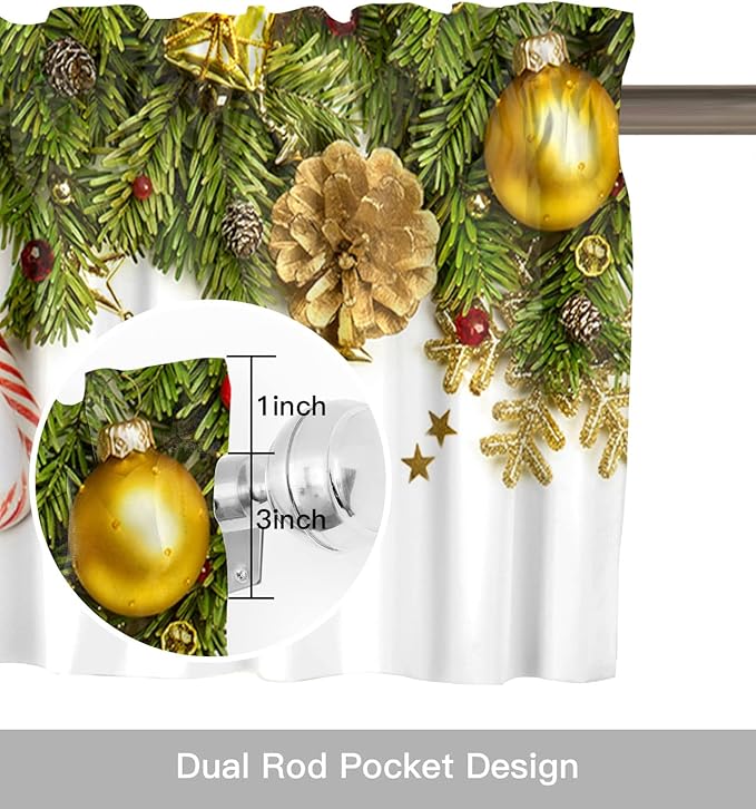 Christmas Kitchen Curtains Valances for Windows Pine Cones Rod Pocket Window Treatment for Kitchen/Living Room/Bedroom/Bathroom,42" X 18" -1 Panel, Golden Ornament Balls