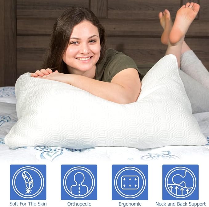 Queen Size Rayon Derived from Bamboo Pillows for Sleeping, Cooling Shredded Memory Foam Pillow Sets for Back, Side, Stomach Sleepers, Adjustable, Removable Cover, Queen (Pack of 1)
