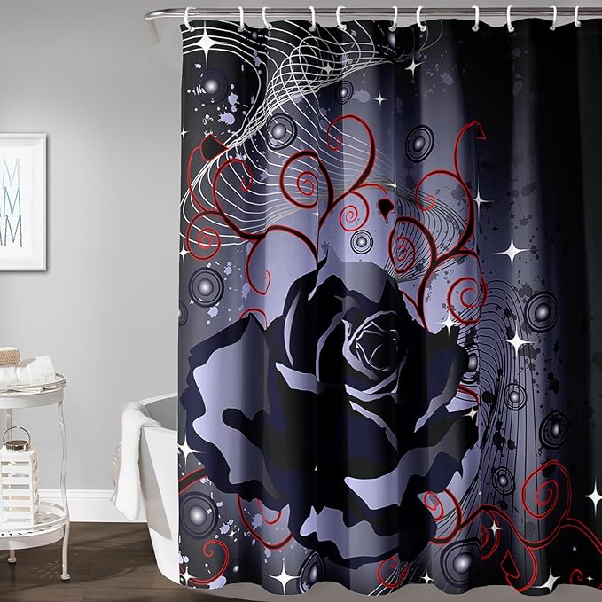 AILONEN Black Rose Shower Curtain for Women,Music Rose Bath Curtain for Bathroom Decor,Red and Black Art Polyester Waterproof for Girls with 12 Plastic Hooks,72" W*72" H Black