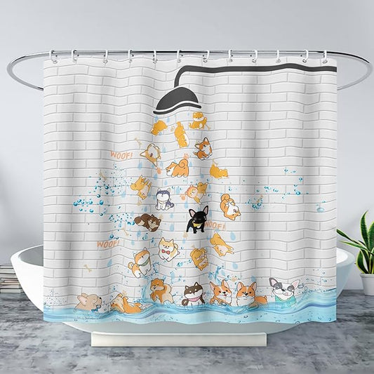 AILONEN Cute Corgi Shower Curtain for Kids 72" W*96" H Inch,Funny Dog Cartoon Corgi Animals Playing Water Shower Curtains,12 Pack Hooks Polyester Waterproof Fabric Decor for Bathroom Bathtub Panels