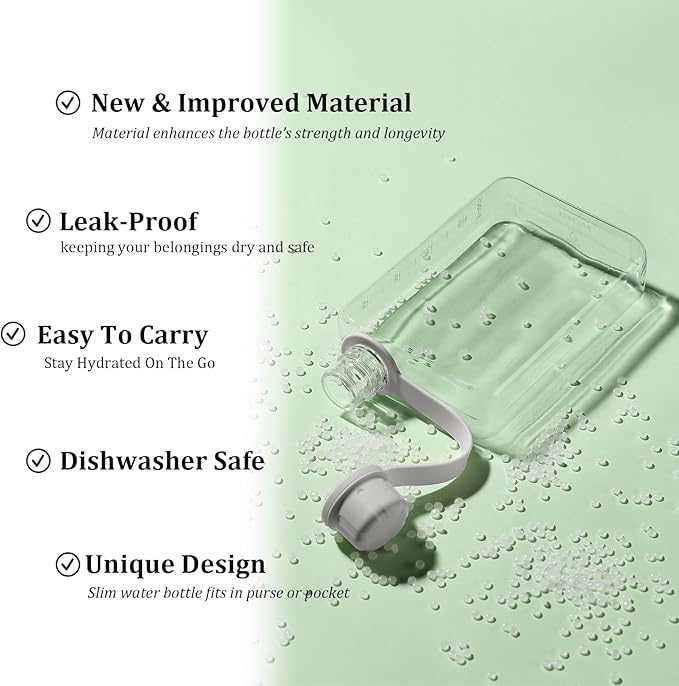 Tritan Transparent Flat Water Bottle samll Water Bottle Slim Square Pocket Bottle Water Flask, BPA Free/Slim Design/Leak Proof Water Bottle for Travel, Outdoor, Sports, Camping (Grey, 400ML)