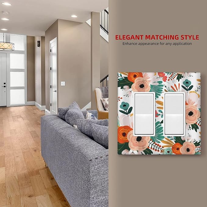 Rustic Floral Boho Colorful Flower 2 Gang Rocker Decora Light Switch Covers Dual Outlet Covers Wall Plate Decorative Switchplate Electrical Faceplate GFCI for Farmhouse Bathroom Bedroom Kitchen Decor