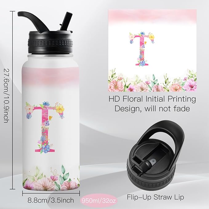 Personalized 32oz Water Bottle with Straw Customized Initial Letter Sport Bottles Monogrammed Initial Insulated Bottle Coffee Mug for Travel (T)