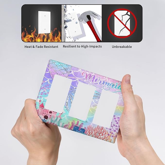 Silvery Glitter Cute Mermaid Tail Fantasy Castle 3 Gang Rocker Light Switch Covers Triple Outlet Wall Plate Decorative Switchplate Cover Faceplate GFCI for Kidroom Nursery Bedroom Kitchen Decor