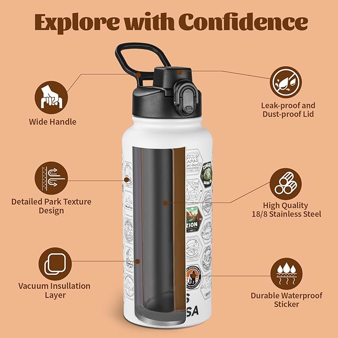 National Parks Water Bottle with Stickers and Straw,32oz Double Wall Vacuum Wide Mouth Insulated Water Bottle for Travel,BPA-free and Leak-proof (32oz,White)