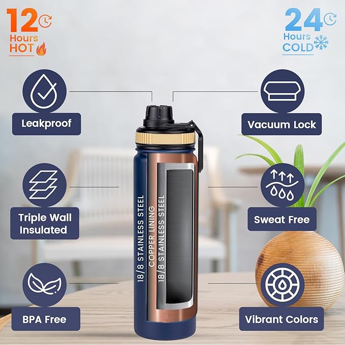 Water Bottle 22oz, Triple Walled Insulated Stainless Steel Reusable Bottle, Silicone Sleeve, Cleaning Brush, 2 Lids (Spout lid & Straw lid w/2 straw), Metal Mug Gallon, BPA Free, Twilight Blue