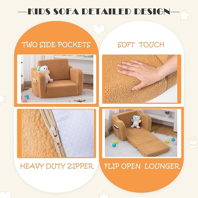 Baby Toddler Sofa Couch for Kids Foldable 2-in-1 Sherpa Fold Out Couch Bed for Playroom, Pull Out Children Convertible Sofa to Lounger Sleeper Chair for Boys & Girls with Double Pockets - Dark Camel