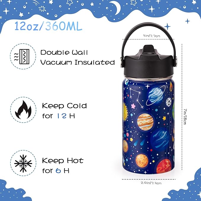 Kids Insulated Water Bottle, 2 Pack 12oz Space Water Bottles Bulk with Flip Straw & Big Handle, 18/8 Stainless Steel, Gifts for Kids Boys Girls to School Travel Sports, Hands Wash Only, Blue & Black