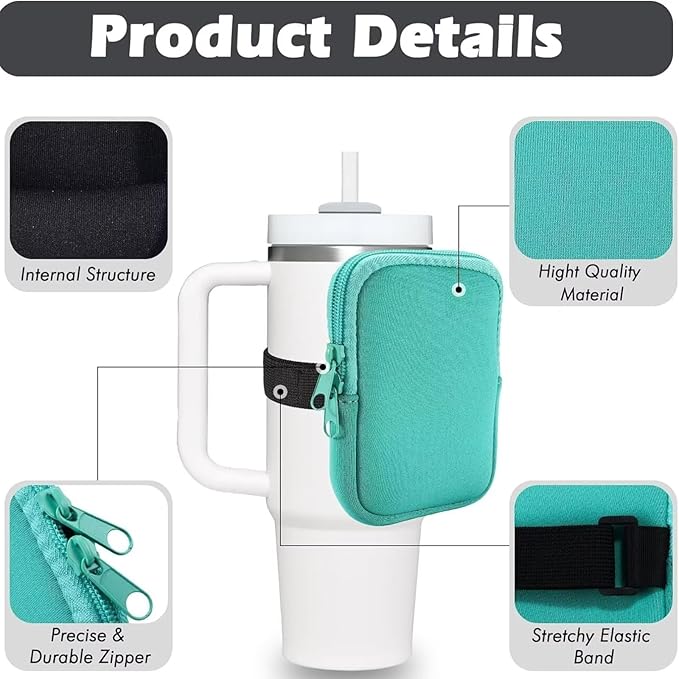 Silicone Water Bottle Pouch with Straw Covers - Water Resistant Drinking Tumbler Pouch with Zipper Compartment, Outer Storage Pocket - Fits Up to 40 Oz Jugs, Green