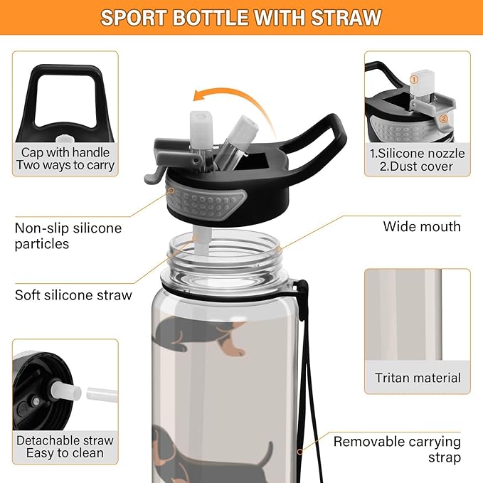 Kigai Cute Dachshund Dogs Clear Water Bottle with Straw Lid, BPA-Free Leakproof Sport Water Bottle 32oz Large Gym Water Jug for Men Women Travel Fitness Outdoor