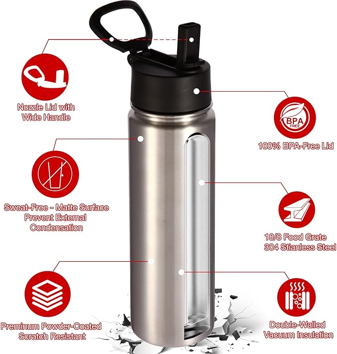 Volhoply 24oz Insulated Water Bottle With Straw Bulk 6 Pack,Metal Wide Mouth Water Bottles With Handle Lid Keep Cold,Reusable Double Wall Thermos,Powder Coated Sport Bottle For Holder(Sliver,6 Count)