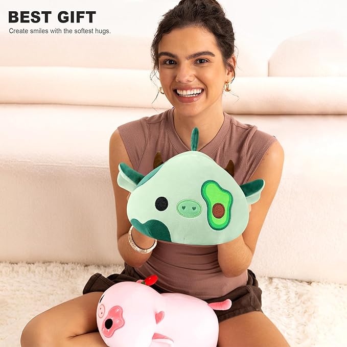 Onsoyours Cute Cow Plushie, Soft Stuffed Avocado Cow Squishy Plush Animal Toy Avocado Pillow for Kids (Avocado Cow A, 12")