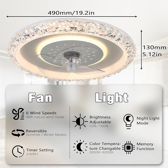 20" Ceiling Fans with Lights and Remote Control, Modern Crystal Flush Mount LED Ceiling Fan with 6 Wind Speeds, Dimmable and Reversible Fandelier for Bedroom Living Room