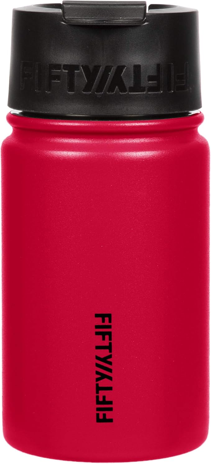 Fifty/Fifty 12oz, Double Wall Vacuum Insulated Café Water Bottle, Stainless Steel, Flip Cap w/ Wide Mouth, Cherry Red, 12oz/354ml