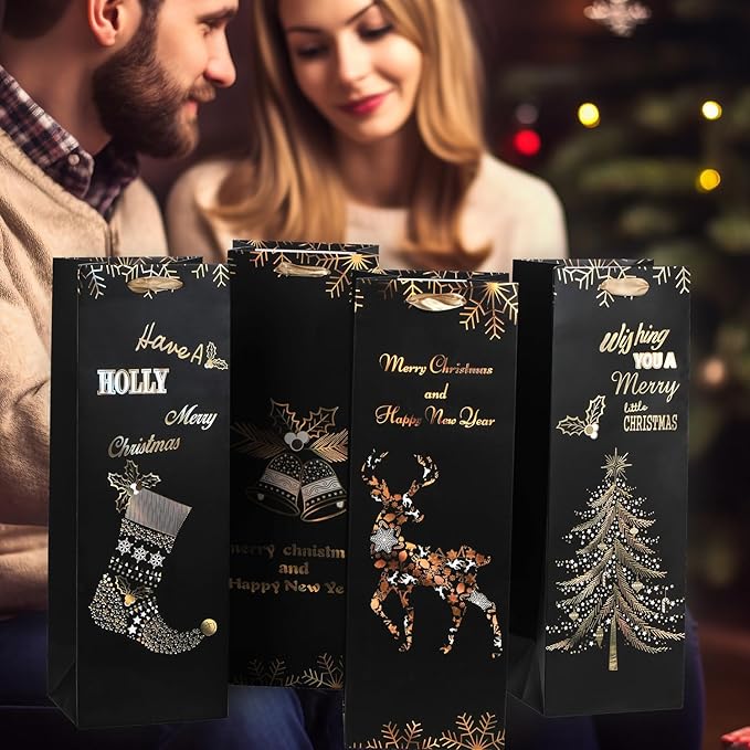 RAZKO Christmas Wine Gift Bags - Set of 12 - Gold Foil Wine Bags, 4 Christmas Patterns (5 x 14 x 3 in) -Heavy Duty Wine Gift Bags for Wine Bottles - Wine Bottle Gift Bags Bulk Black&Gold Color
