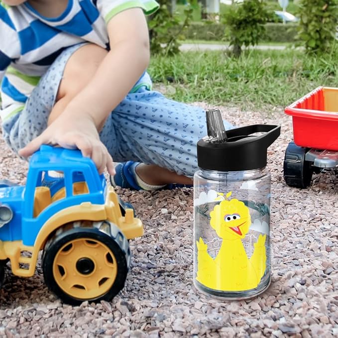 LOGOVISION Sesame Street Kids Tritan Plastic Water Bottle with Straw Lid and Handle, Reusable Tumbler for Toddlers, Unisex for Girls and Boys, 12oz, Big Bird