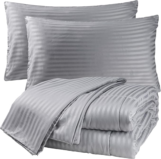 Twin Comforter Set with Sheets, 5 Pieces Super Soft Twin Bed in a Bag, All Season Solid Color Kids Bedding Set Neutral for Boys & Girls, Grey Striped
