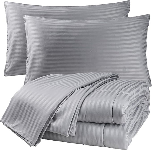 Twin Comforter Set with Sheets, 5 Pieces Super Soft Twin Bed in a Bag, All Season Solid Color Kids Bedding Set Neutral for Boys & Girls, Grey Striped