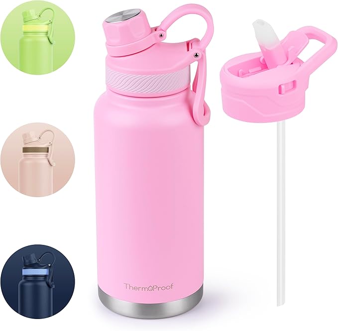 ThermoProof Double Walled Vacuum Insulated Stainless Steel Water Bottle - 32oz, Straw Lid & Spout Lid - Leak Proof - Gym, Hiking Bottles for Men, Women & Kids - Hot & Cold (Pink 32oz)