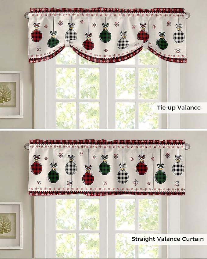 Christmas Blackout Tie Up Valance Curtains for Kitchen Windows Vintage Buffalo Plaid Christmas Balls Window Toppers Balloon Shades for Living Room/Bathroom/Bedroom,1 Panel,42" X 18" Farmhouse