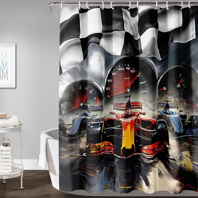 AILONEN Racing Car Shower Curtains,Checkered Speed Car Bath Curtains Gifts for Racer,Polyester Waterproof for Bathroom with 12 Plastic Hooks 72" W*78" H